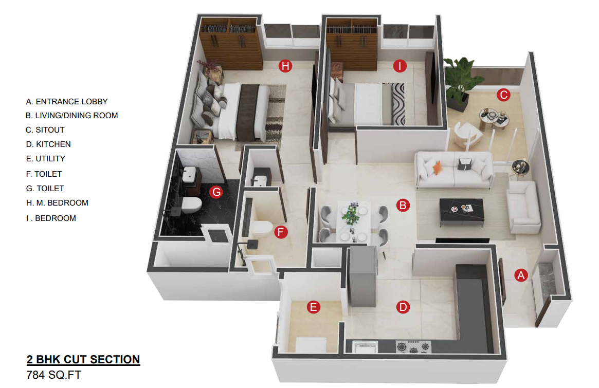 2 BHK cut section plan