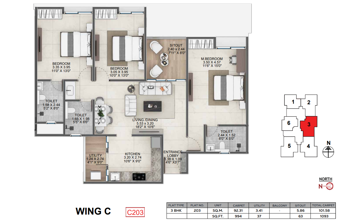 Wing C unit plan C203