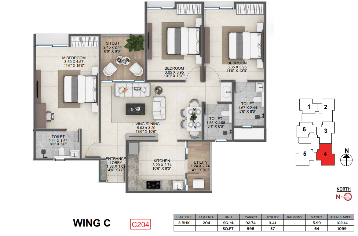 Wing C unit plan C204
