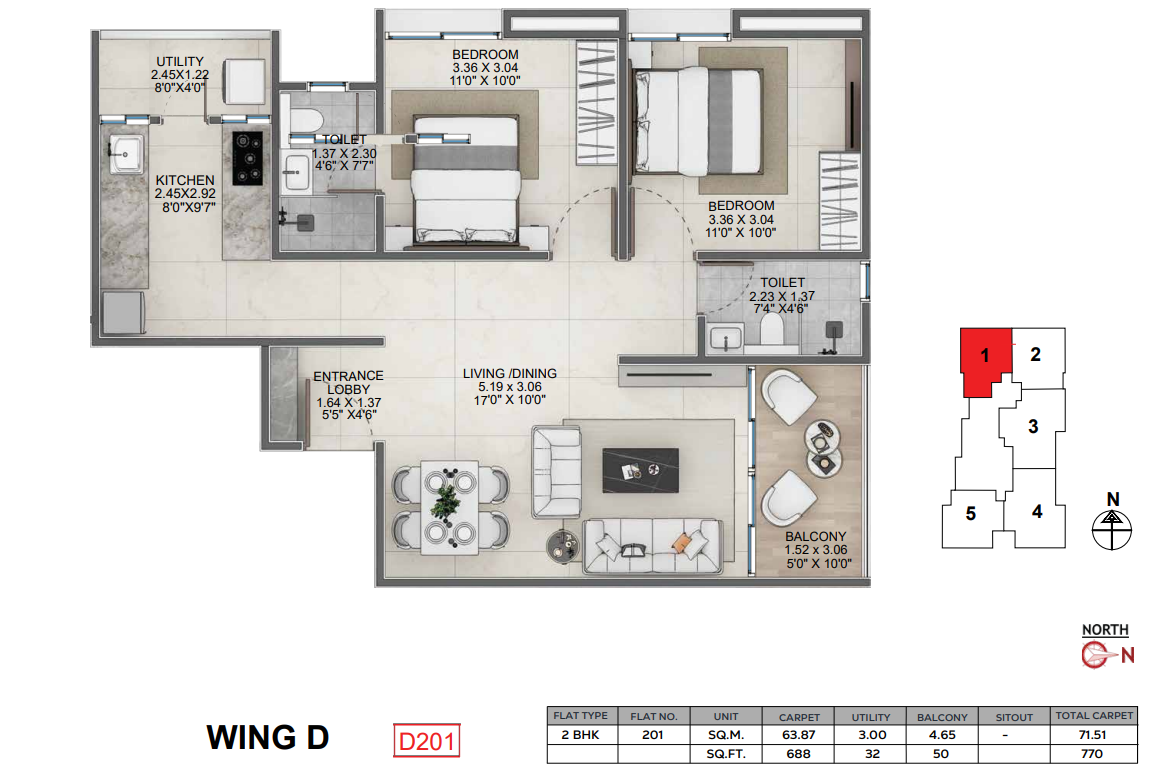 Wing D unit plan D201