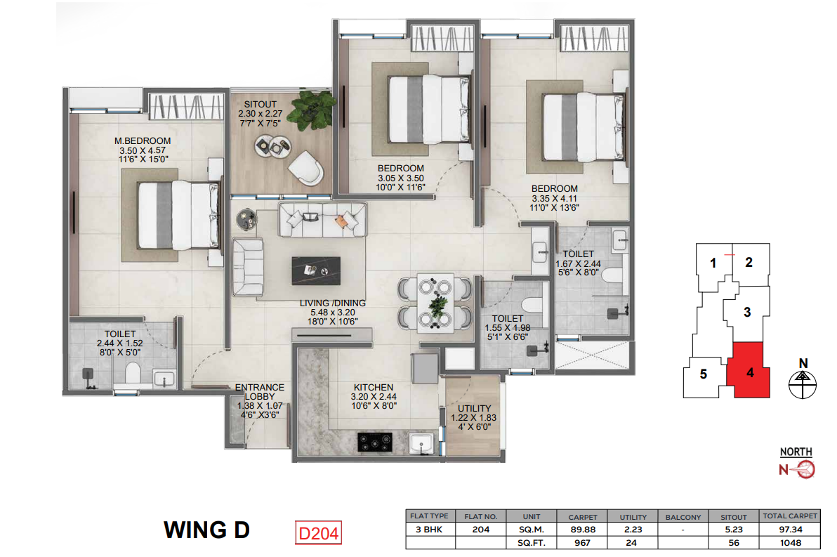Wing D unit plan D204